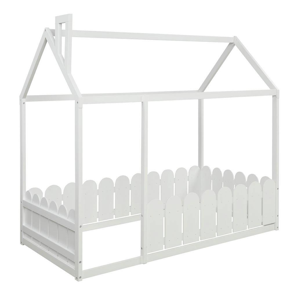 Qualfurn White Twin Size Wood House Bed with Fence BLE194274K - The ...
