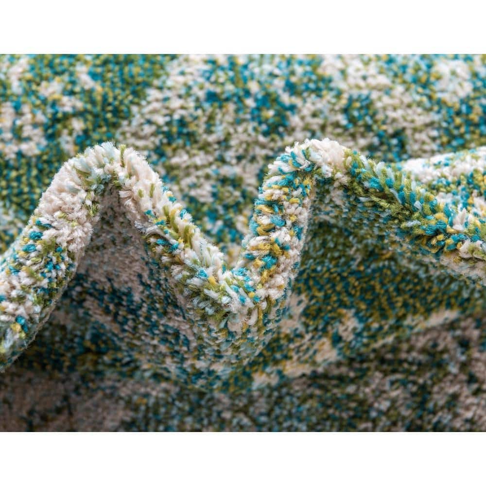 Green and Beige Synthetic Runner Rug with Traditional Design