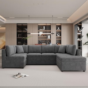 117.3 in. Straight Arm 1-Piece Chenille Fabric U-Shaped Sectional Sofa in Gray with Pull-Out Design