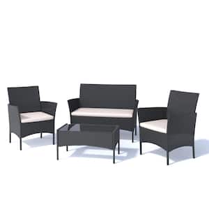 Black 4-Pieces PE Rattan Chairs and Glass Coffee Table Patio Porch Furniture Sets White Cushion