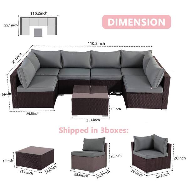 HZY 7-Pieces Red Wicker Outdoor Sectional Set with Gray Cushions
