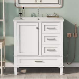 30 in. W x 18 in. D x 34.05 in. H Single Sink Freestanding Bath Vanity in White with White Ceramic Top and Storage