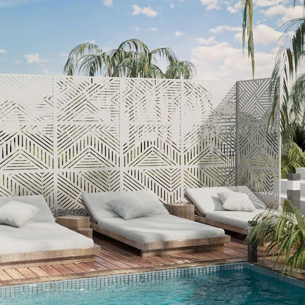 6 ft. x 3 ft. Privacy Fence Screen White Galvanized Metal for Garden Fence in Abstract Pattern