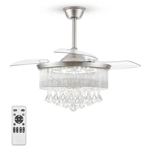 42 in. indoor Brush Nickel Retractable Ceiling Fan Crystal Ceiling Fans with Lights and Remote