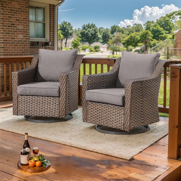 Gymojoy Frazee Brown Wicker Patio 2-Piece Swivel Chairs Outdoor Rocking Chair with Thick Deep CushionGuard Gray Cushion
