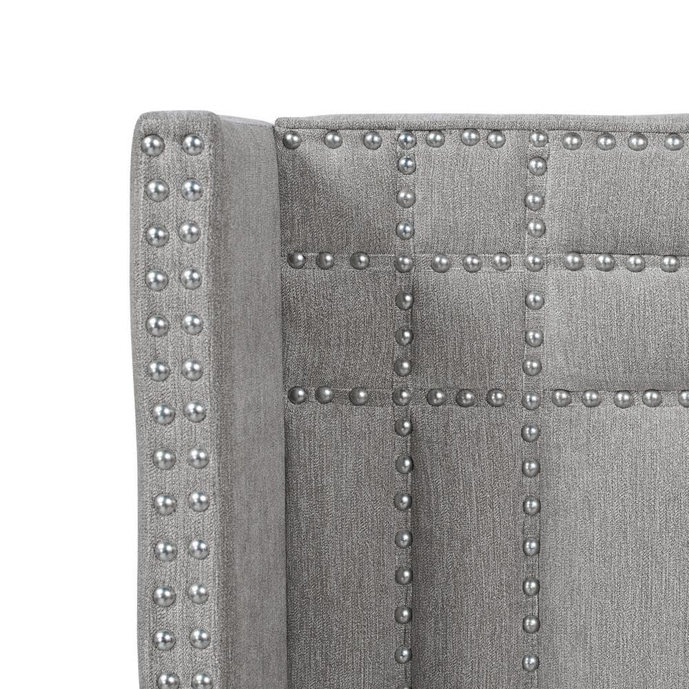 Elegant Silver Grey King Wingback Bed with Nailhead Trim and Pine Frame