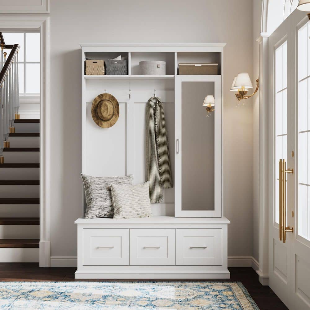 FUFU&GAGA White 73.6 in. Hall Tree with 3 Drawers, 1 Mirrored Door