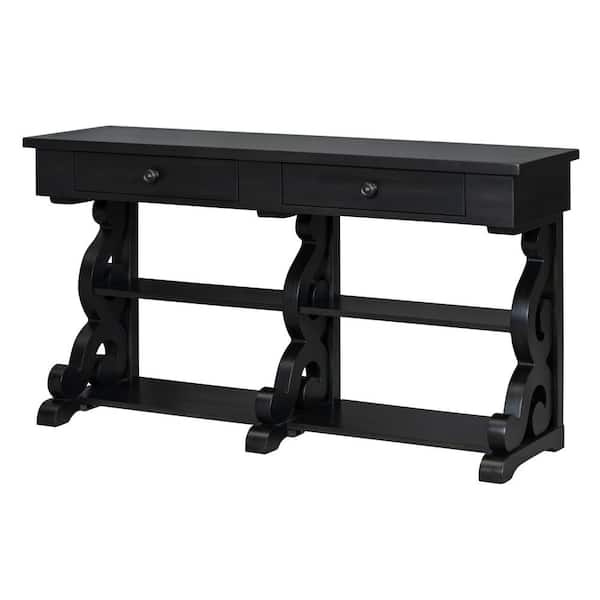 Unbranded 54.1 in. W 29.8 in. H x 16 in. D Acacia Wood Rectangular Console Table with Shelf in Black