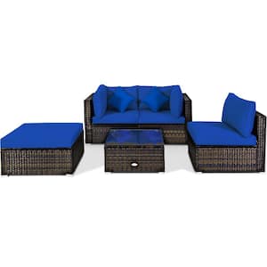 5-Piece Wicker Patio Conversation Set with Navy Cushions