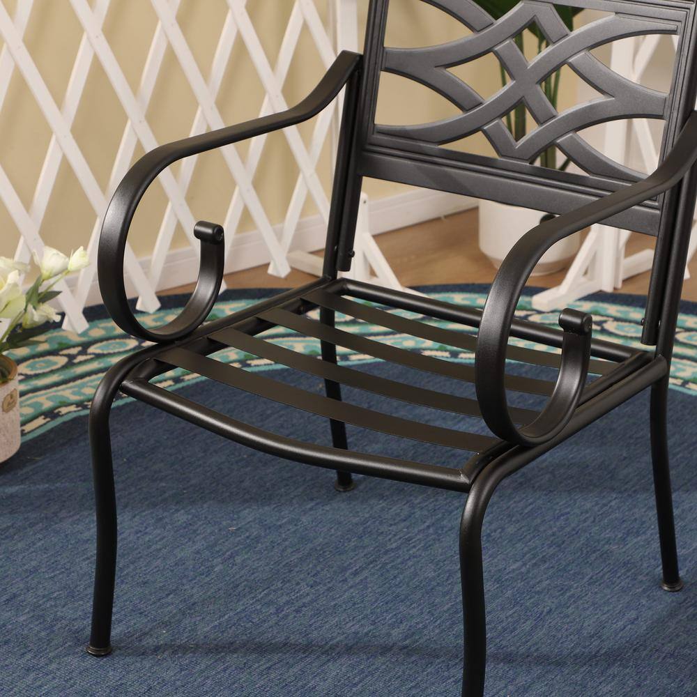 Black Steel Arm Dining Chairs with Beige Cushions, Set of Two