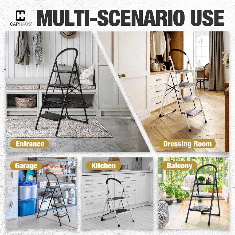White 2-Step Folding Ladder with Anti-Slip Pedals