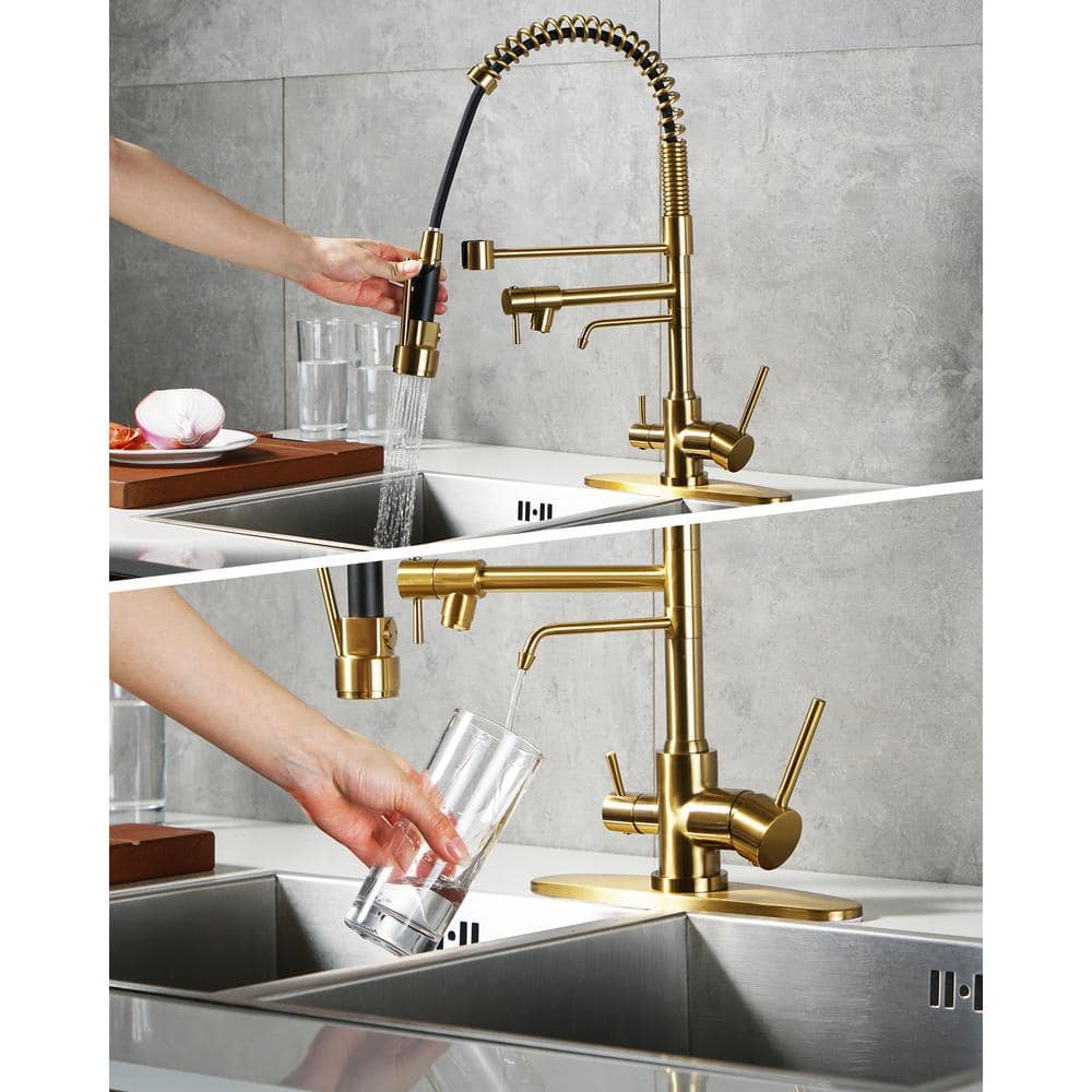 Brushed Gold Double Handle High-Arc Kitchen Faucet with Pull-out Spray