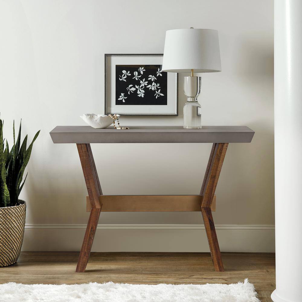 Picadilly Acacia Wood & Concrete Console Table with Brass Accents