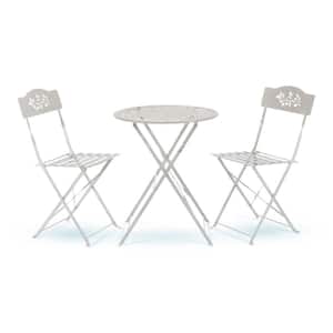 White 3-Piece Iron Indoor/Outdoor Bistro Set Folding Table and Chairs Patio Seating