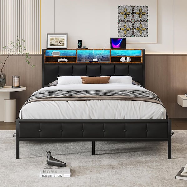 Bed with Storage, Black Metal Frame Full Platform Bed with LED Lights, USB Ports and Power Outlets Upholstered Bed
