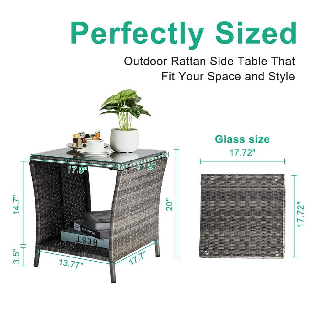 Gray Square Wicker Outdoor End Table with Glass Top and Storage