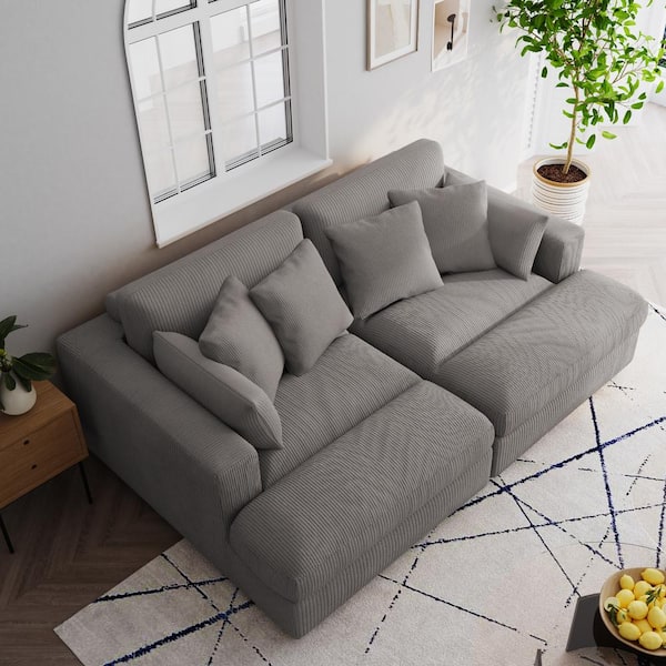 Uixe 83.9 in. W Modern Square Arm Corduroy Upholstered Sectional Sofa in. Light Gray With 4-Square Pillows