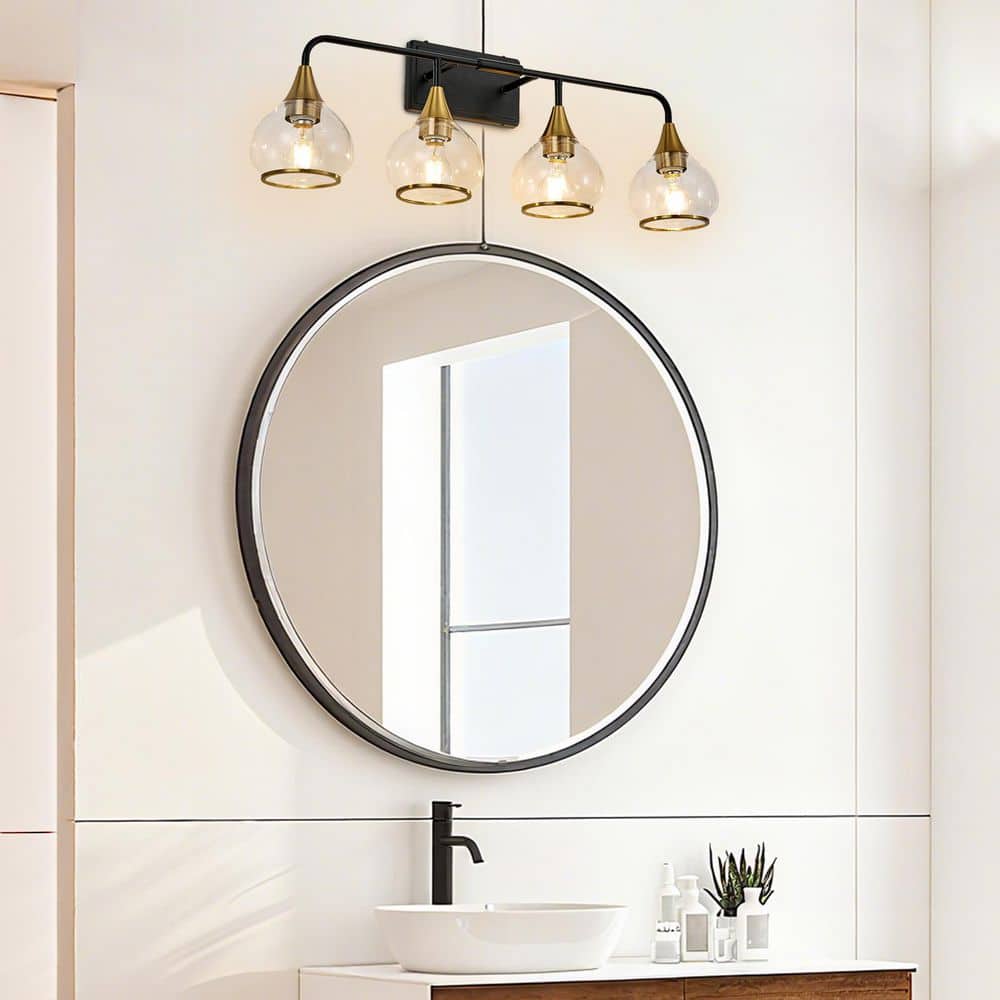30.9 in. 4-Light Black and Gold Bathroom Wall Mounted Vanity Light Over Mirror with Clear Glass Shade price history on PriceWatchPro