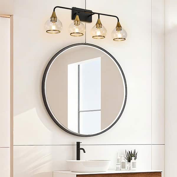 30.9 in. 4-Light Black and Gold Bathroom Wall Mounted Vanity Light Over Mirror with Clear Glass Shade