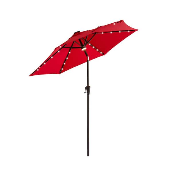 FLAME&SHADE 7-1/2 ft. Steel Market Solar Lighted Tilt Patio Umbrella with LED in Red Solution Dyed Polyester