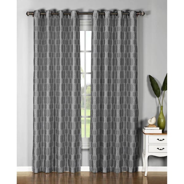 Window Elements Charcoal Geometric Faux Silk Grommet Room Darkening Curtain - 54 in. W x 96 in. L (Set of 2)