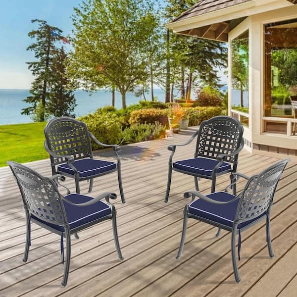 Willit Classic Cast Aluminum Outdoor Dining Chairs with Black Frame and Random Color Cushions (4-Pieces)