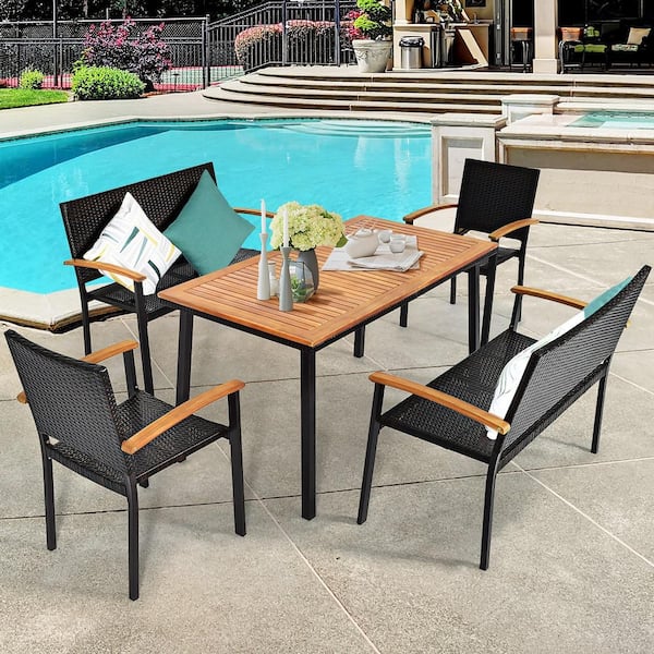 5PCS Rattan Outdoor Dining Set Patio Furniture Set w/Wooden Tabletop