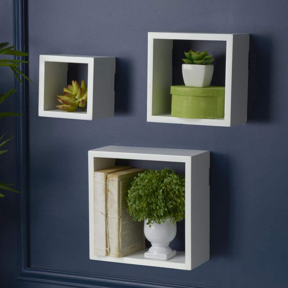 White MDF Floating Cube Wall Shelves, Set of 3