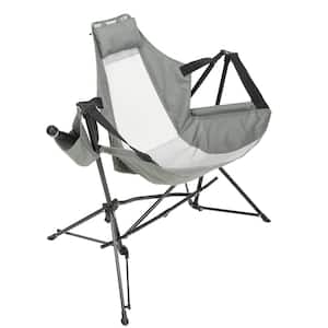 Grey Metal Folding Lawn Chair, Portable Outdoor Camping Chair with Pillow, Cup Holder and Carry Bag