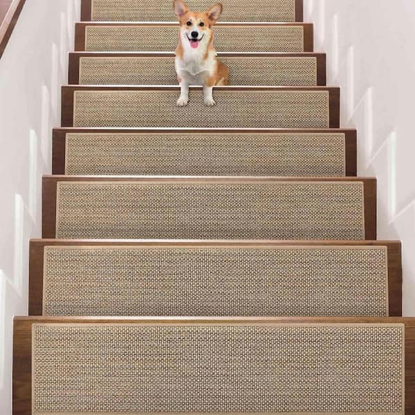 Beige 9 in. x 36 in. Linen Stair Tread Cover Set of 15, Non-Slip Peel and Stick for Wooden Steps