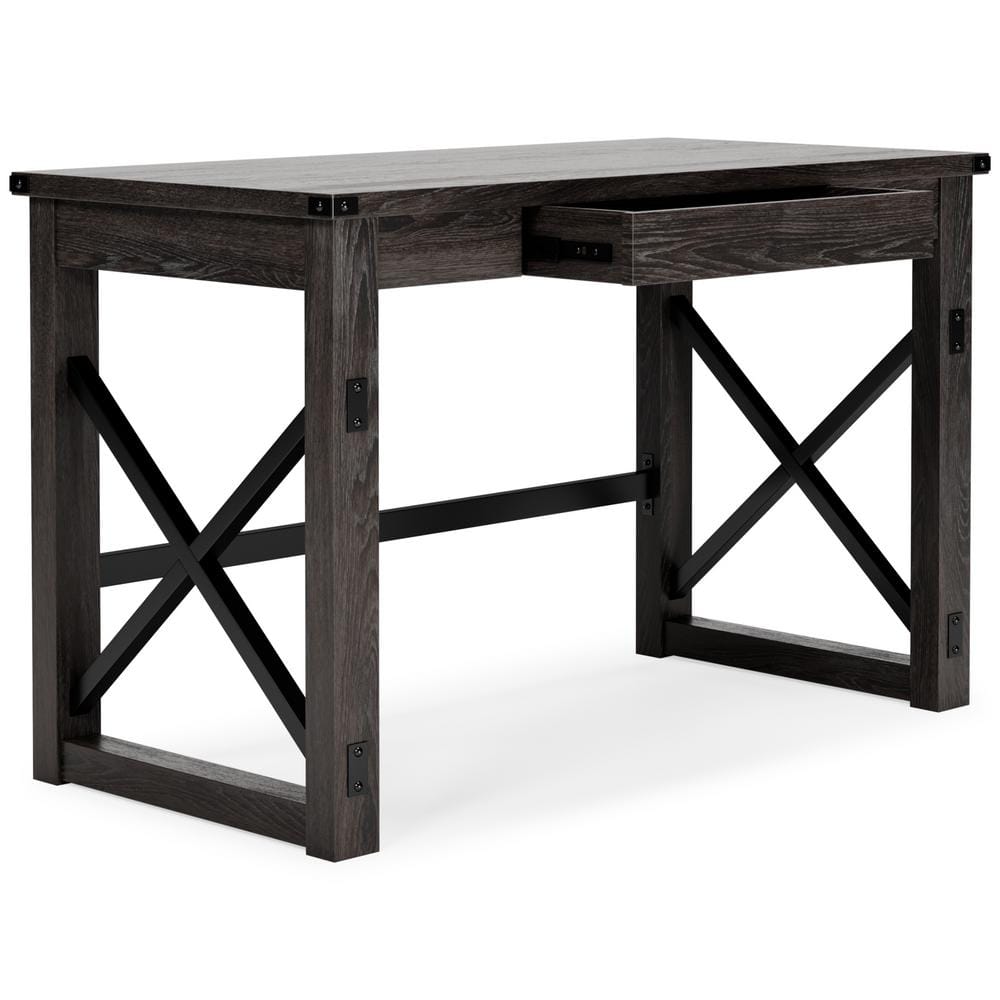 Dark Gray Rustic Wood Office Desk with Drawer and Iron X-Base