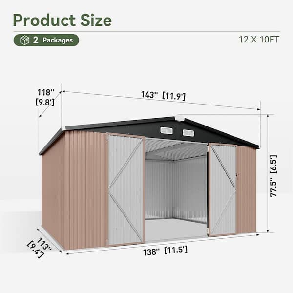 Sizzim 12 ft. W x 10 ft. D Outdoor Black Metal Storage Shed with 4