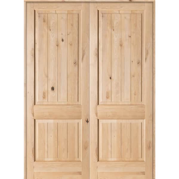 Krosswood Doors 72 in. x96 in. Rustic Knotty Alder 2-Panel Square-Top/VG Both Active Solid Core Wood Double Prehung Interior French Door