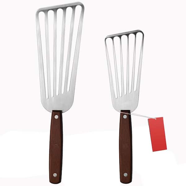 Stainless Steel Slotted Fish Spatula Set Wood Handle Flexible Beveled Edge Turner Kitchen Accessory 2 Pack