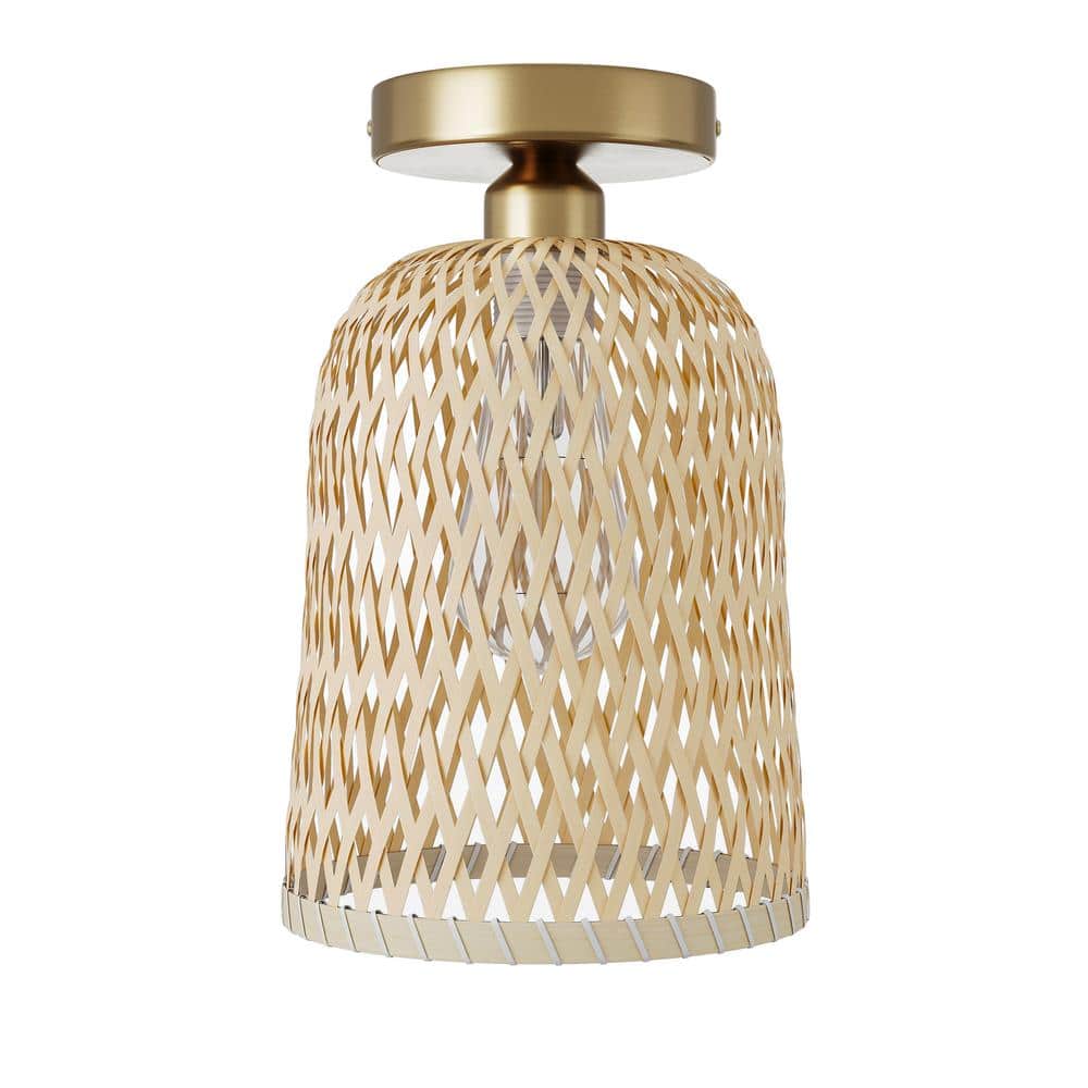 Bamboo 7.08 in. 1-Light Semi-Flush Mount Light Rustic Basket Handmade Woven