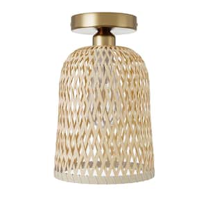 Bamboo 7.08 in. 1-Light Semi-Flush Mount Light Rustic Basket Handmade Woven Ceiling Light