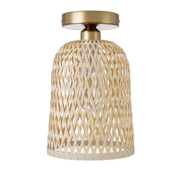 Bamboo 7.08 in. 1-Light Semi-Flush Mount Light Rustic Basket Handmade Woven Ceiling Light