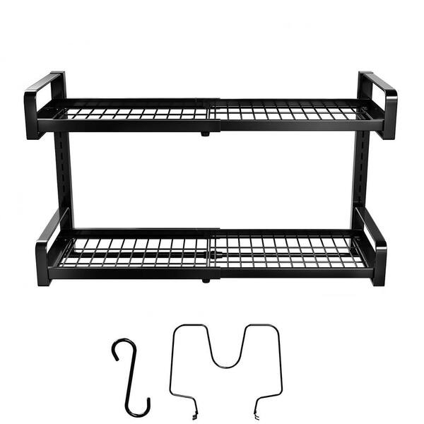 Black 19 in. to 30 in. Expandable Wall Mounted Pot Rack with 10-Hooks, 2-Tier Adjustable Steel Pot and Pan Organizer
