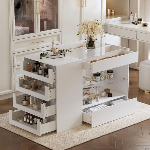 FUFU&GAGA White Wood Free Standing 47.2 in. W Jewelry Armoire with Glass Top, 8 Drawers and Open Shelves, Modern Bedroom Dresser