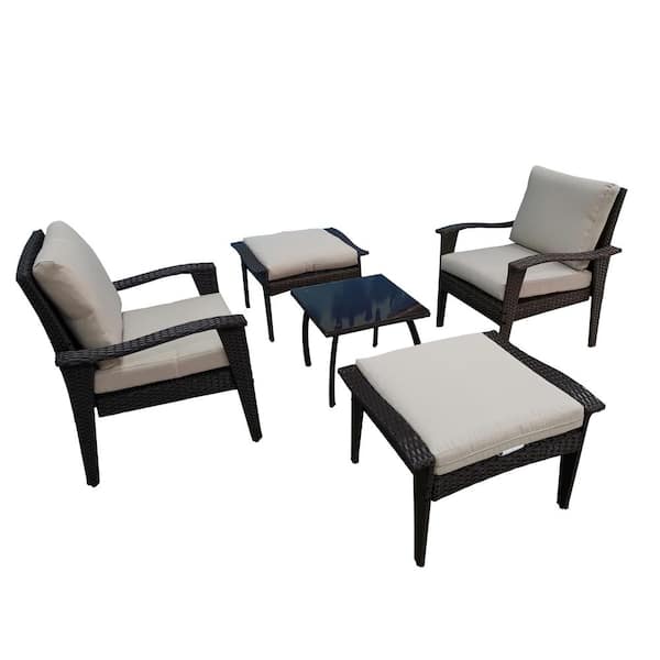 Zeus & Ruta 5-Piece Brown Wicker Patio Conversation Set with Cushions, Ottomans and Table for Garden Balcony Poolside