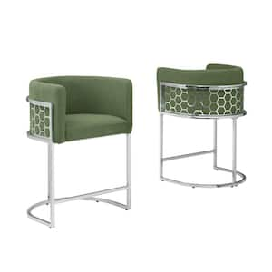 Evan 29 in. Green Low Back Metal Frame Bar Stool With Teddy Fabric Set of 2