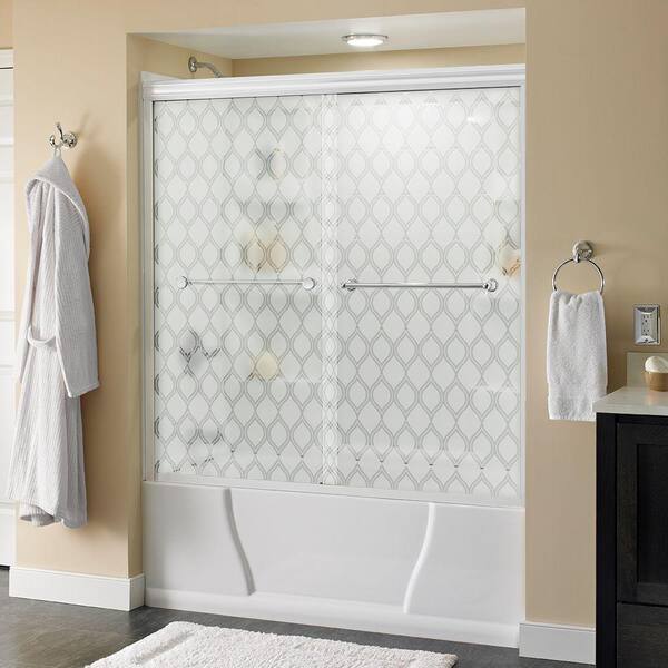 Delta Crestfield 60 in. x 58-1/8 in. Semi-Frameless Sliding Bathtub Door in White with Chrome Handle and Ojo Glass