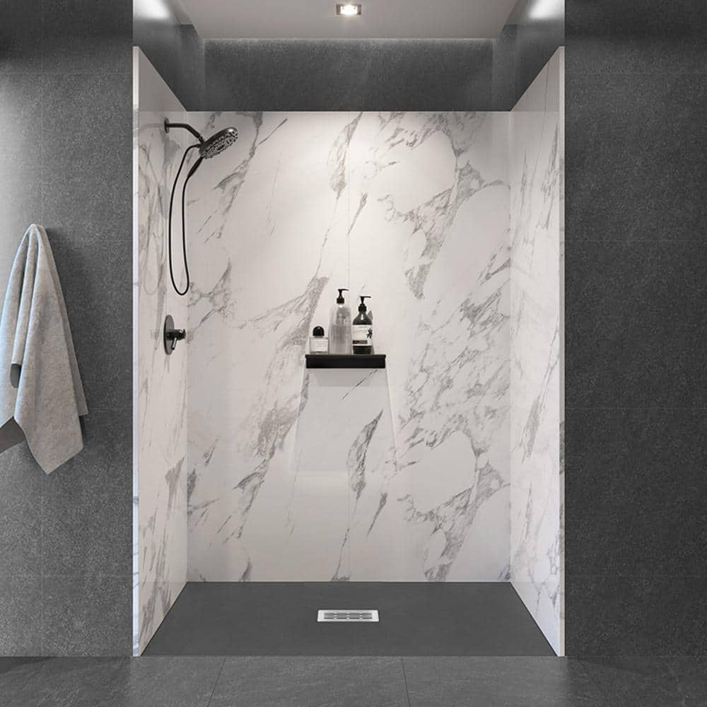 CASTICO 60 in. L x 32 in. W x 84 in. H Solid Composite Stone Shower Kit with Carrara Walls & Cntr Graphite Slate Shower Pan Base, Carrara & Graphite / Slate