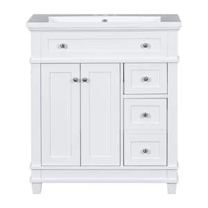 30 in. Freestanding Bath Vanity in White with Resin Sink & Top with 2 Drawers, Soft Closing Doors & Solid Wood Frame