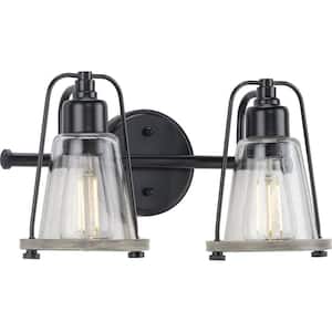 Conway 2-Light Matte Black Clear Seeded Glass Farmhouse Wall Light