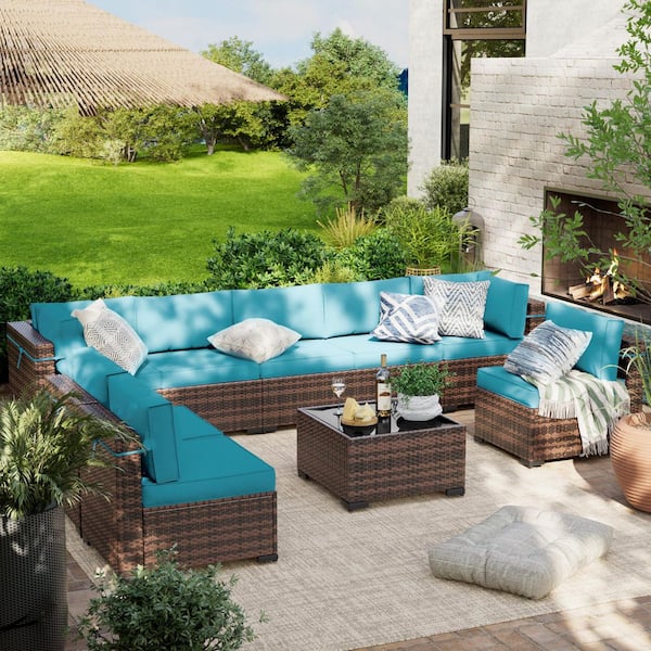 Brown 9-Piece Wicker Patio Conversation Sectional Seating Set with Sky Blue Cushions