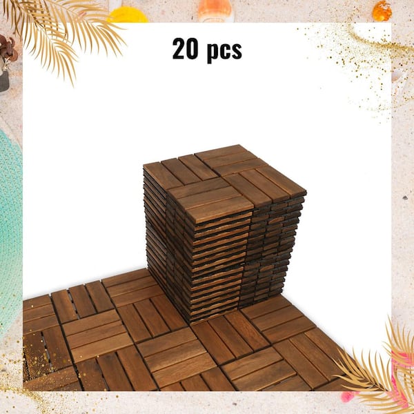 Unbranded 12 in. x 12 in. Solid Wood Interlocking Deck Tiles in Brown Outdoor Flooring for Patio, Bancony, Pool Side（20 PCS）