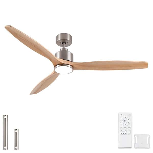 Farmhouse 60 in. Indoor Brushed Nickel Downrod Mount Ceiling Fan with 3 Solid Wood Blades, Dimmable LED Light and Remote