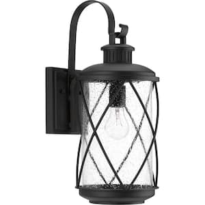 Hollingsworth Collection 1-Light Textured Black Clear Seeded Glass Farmhouse Outdoor Medium Wall Lantern Light