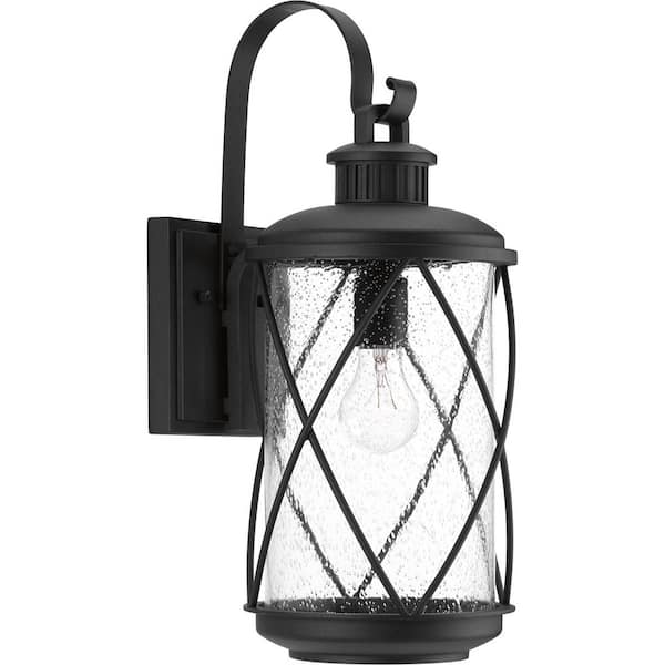 Progress Lighting Hollingsworth Collection 1-Light Textured Black Clear Seeded Glass Farmhouse Outdoor Medium Wall Lantern Light